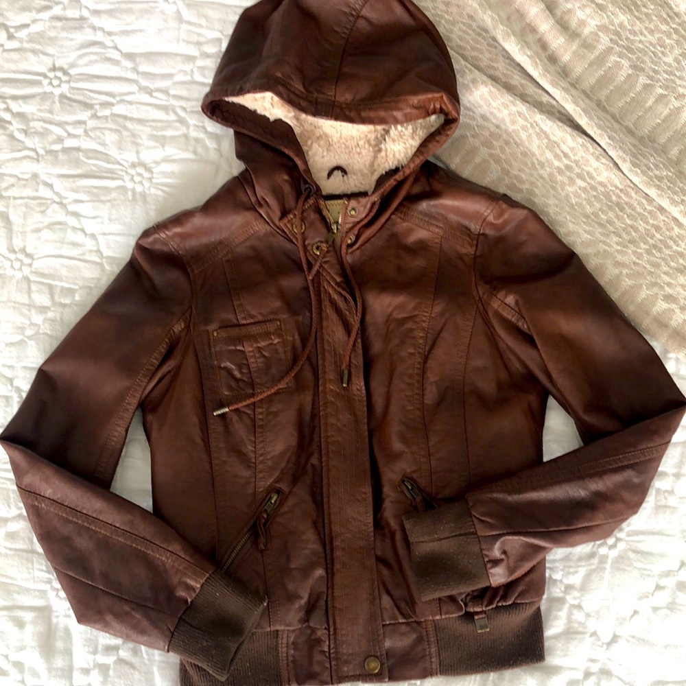 cognac brown faux leather coat
